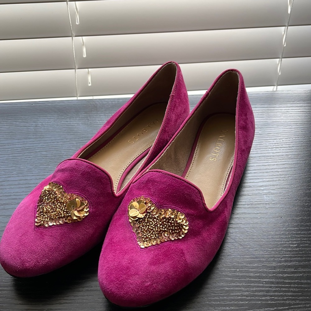 Talbots Fuchsia Suede Loafers with Gold Sequin Heart Accent